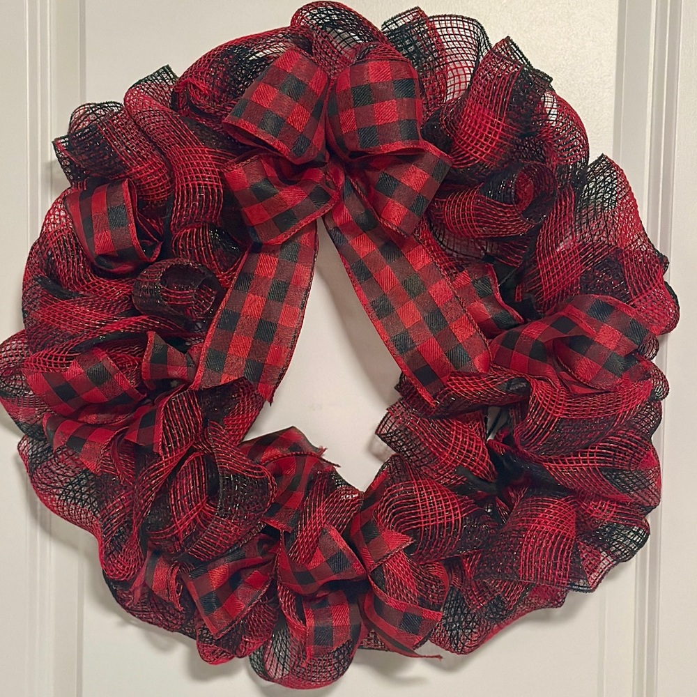 Buffalo Check Winter Wreath — Rustic Red and Black Plaid Front Door Decor